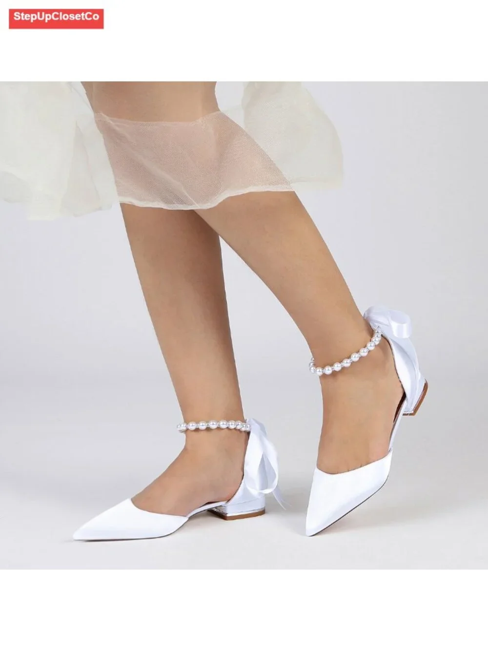 Satin Pearl Pointed Toe Ankle Strap Wedding Flats Pumps